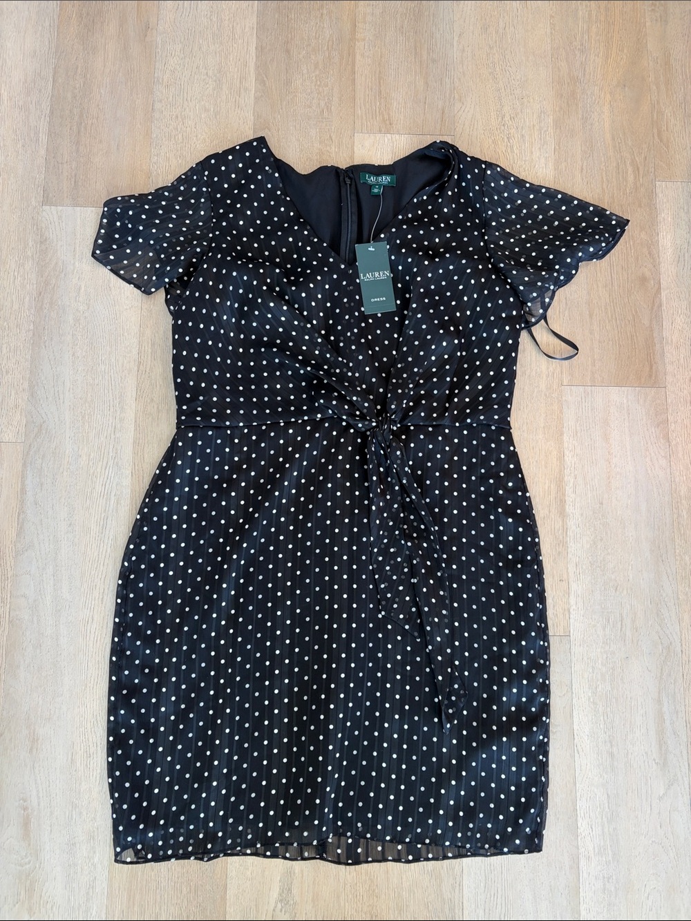 NWT Lauren Ralph Lauren Black Polka Dot Midi Dress with Tie Front
